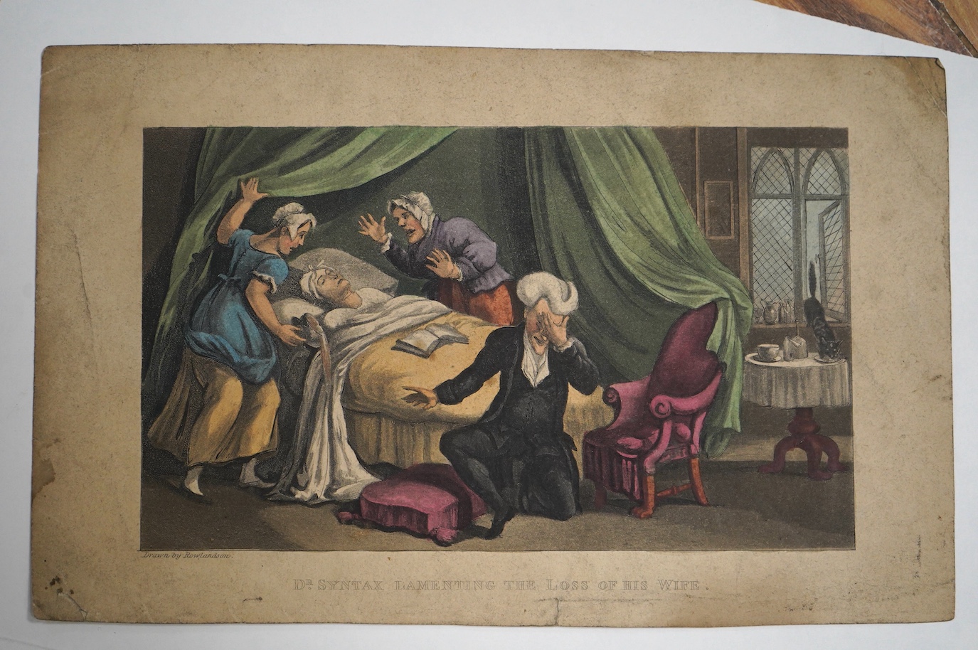 After Thomas Rowlandson (1756-1827), five hand-coloured satirical engravings ‘Doctor Syntax’, to include ‘With the Dairymaid’, publ. R. Ackermann, 1817, unframed, 14 x 23cm. Condition - poor